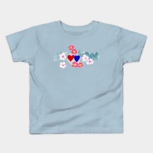 Red and Blue Love, Blossoms, Mountains Kids T-Shirt